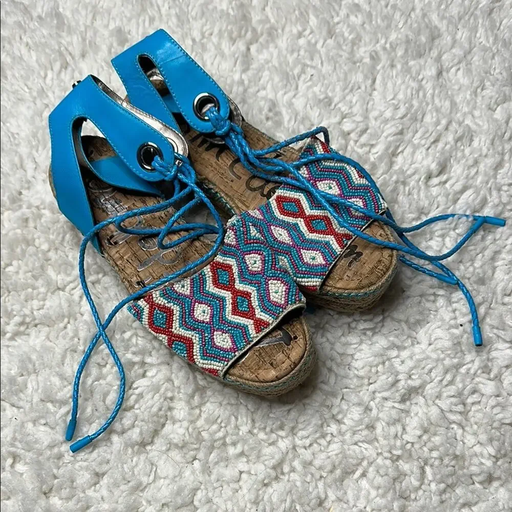 Sam Edelman Colorful Patterned Beaded Women Sandals Lace Up Espadrille Platform